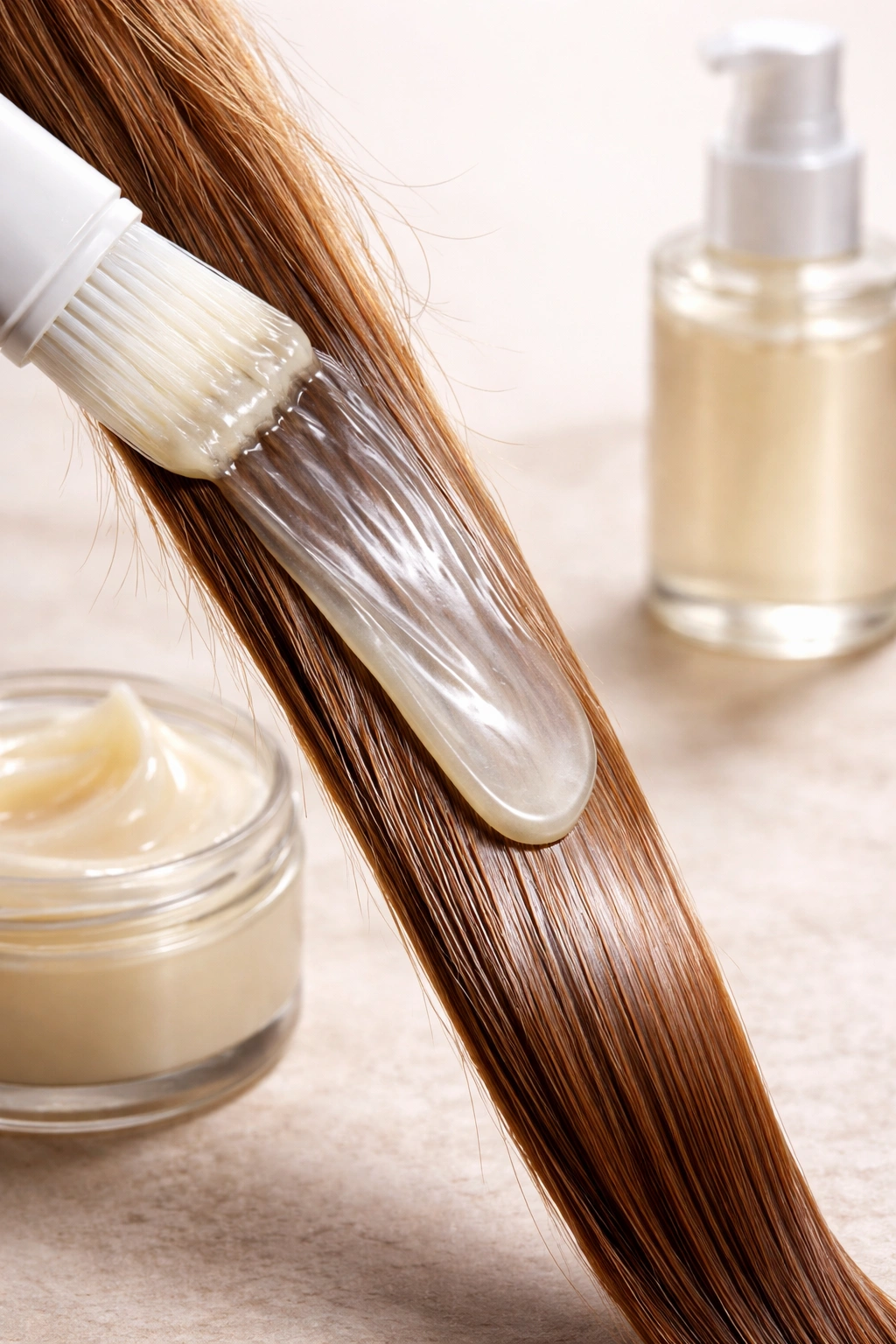 Hair strand with keratin product applied in a clean, minimal setting