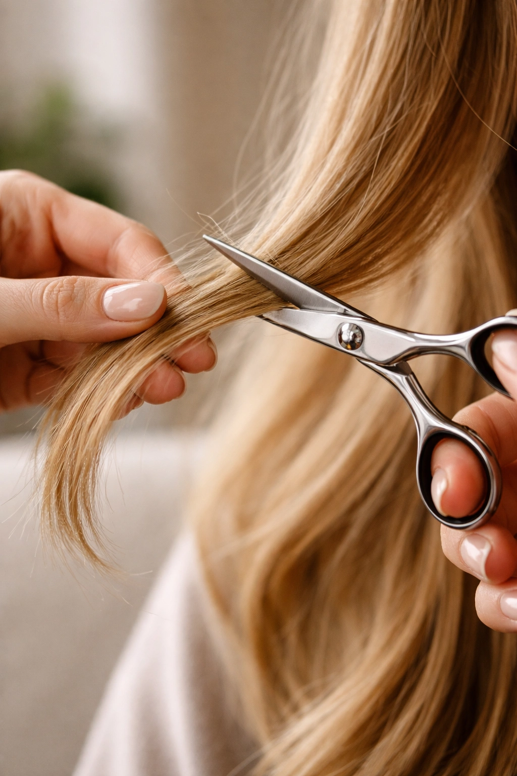 Close-up of professional scissors over a dry hair strand, illustrating careful at-home trimming