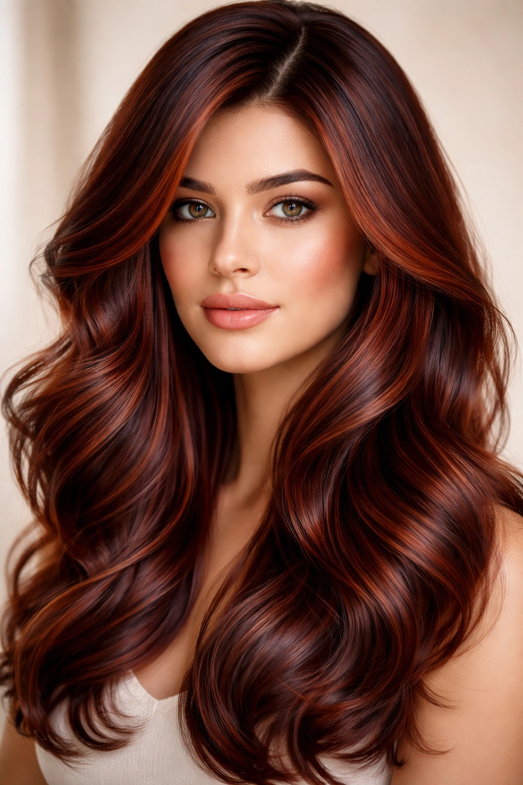 Multi-tonal auburn hair with copper and burgundy hues in soft light