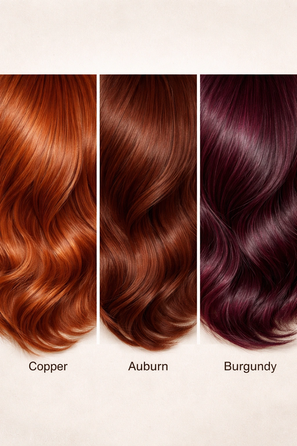 Swatches of auburn, copper, and burgundy hair colors side by side