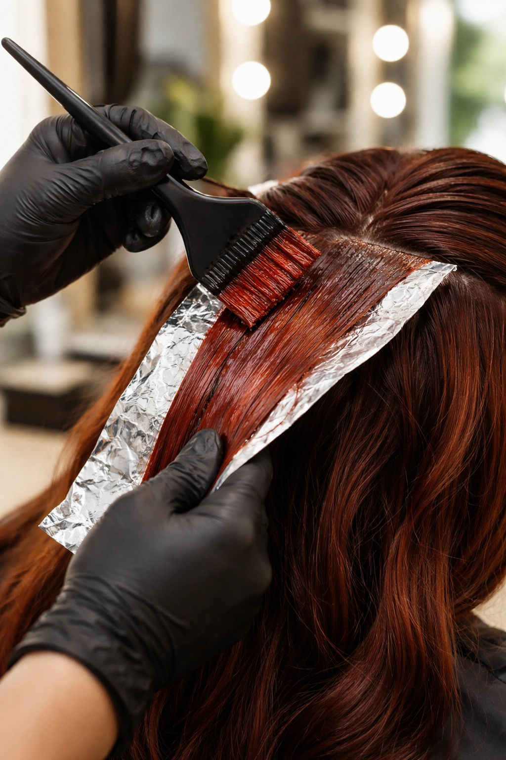 Salon dye application for auburn hair color