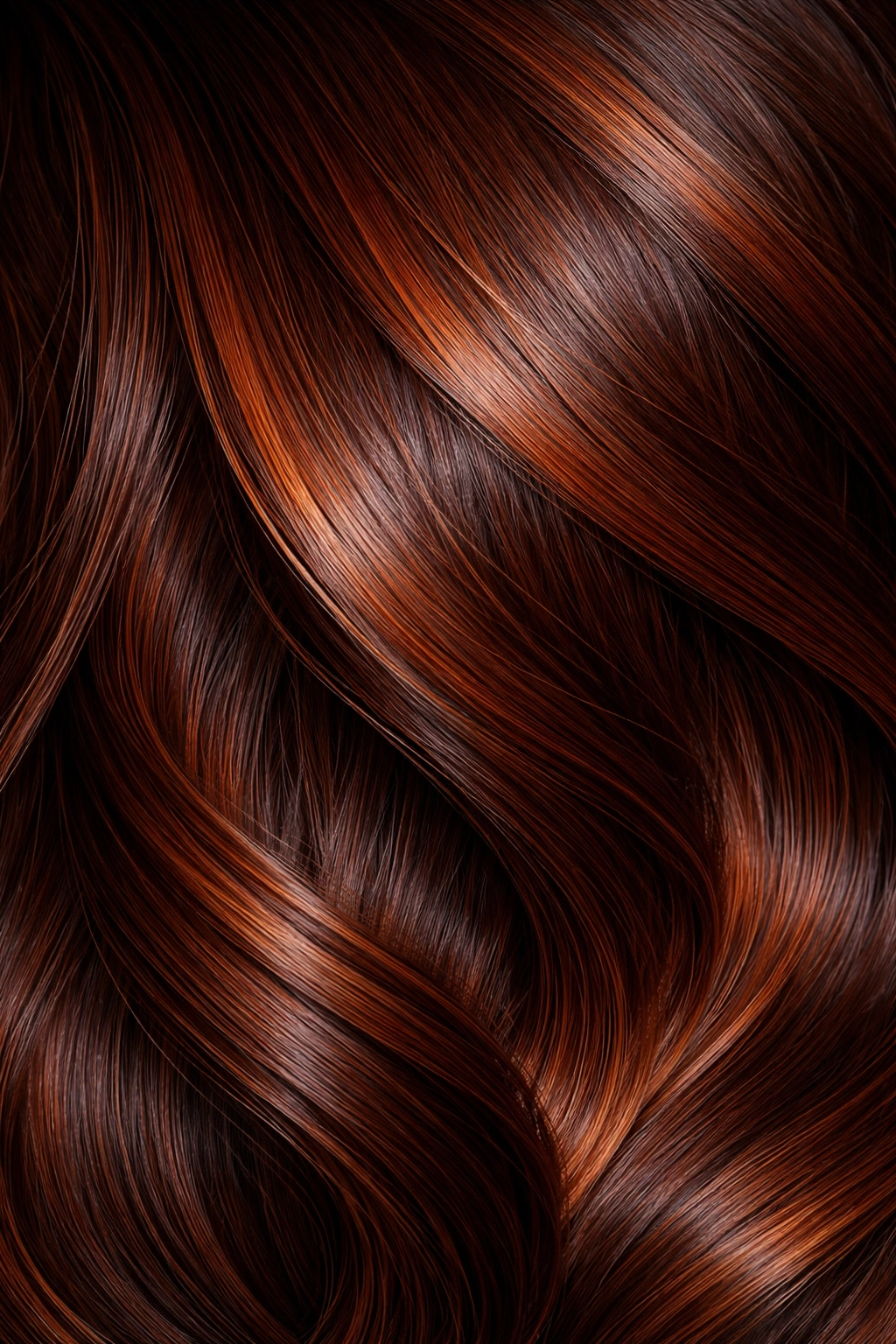 Close-up of auburn hair showing red and copper highlights on medium-dark brown base