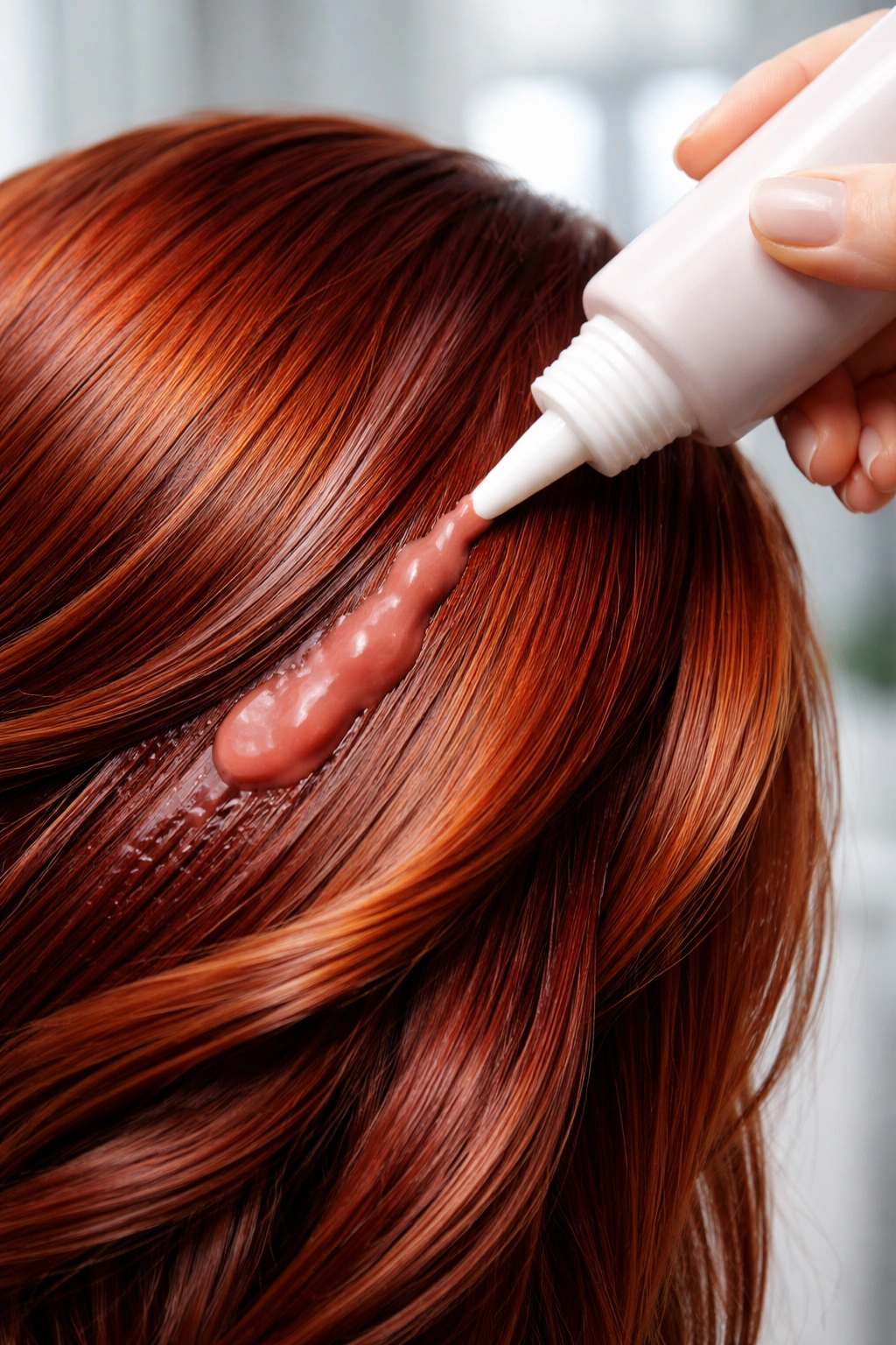Close-up of glossy auburn hair being conditioned to maintain color and shine