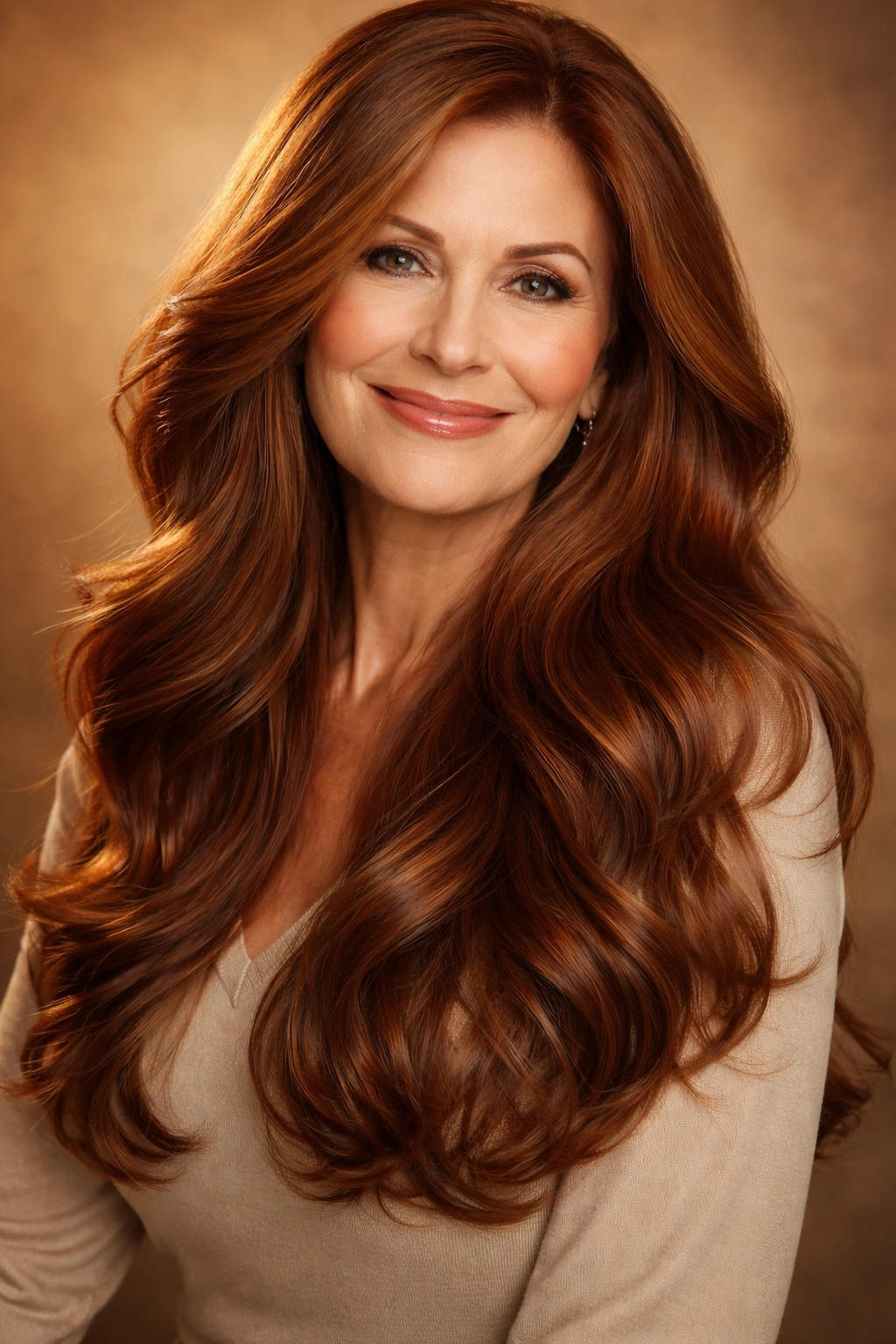 Portrait of long auburn hair with soft waves in studio lighting