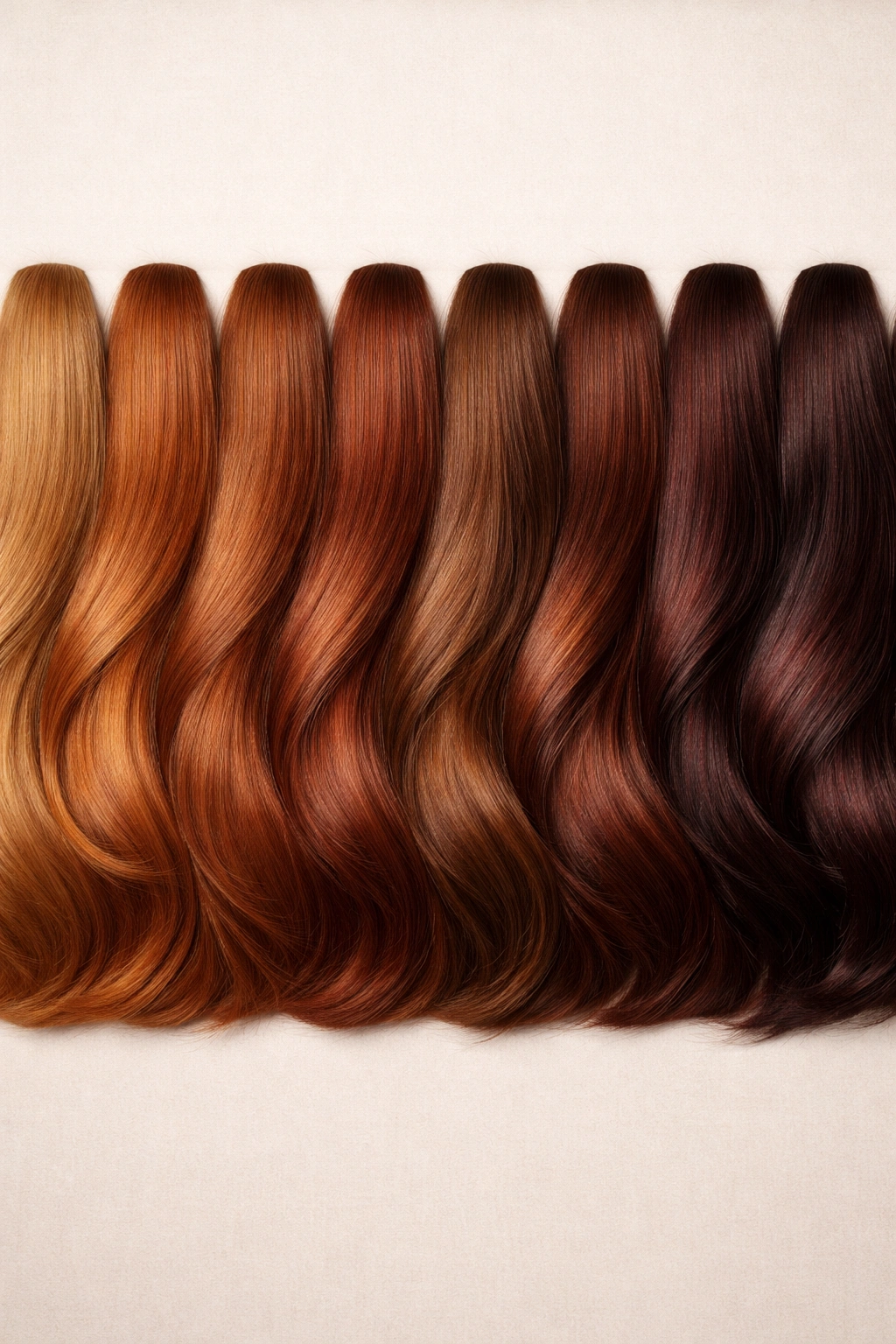 Hair swatches showing light to dark auburn shades with copper and mahogany undertones