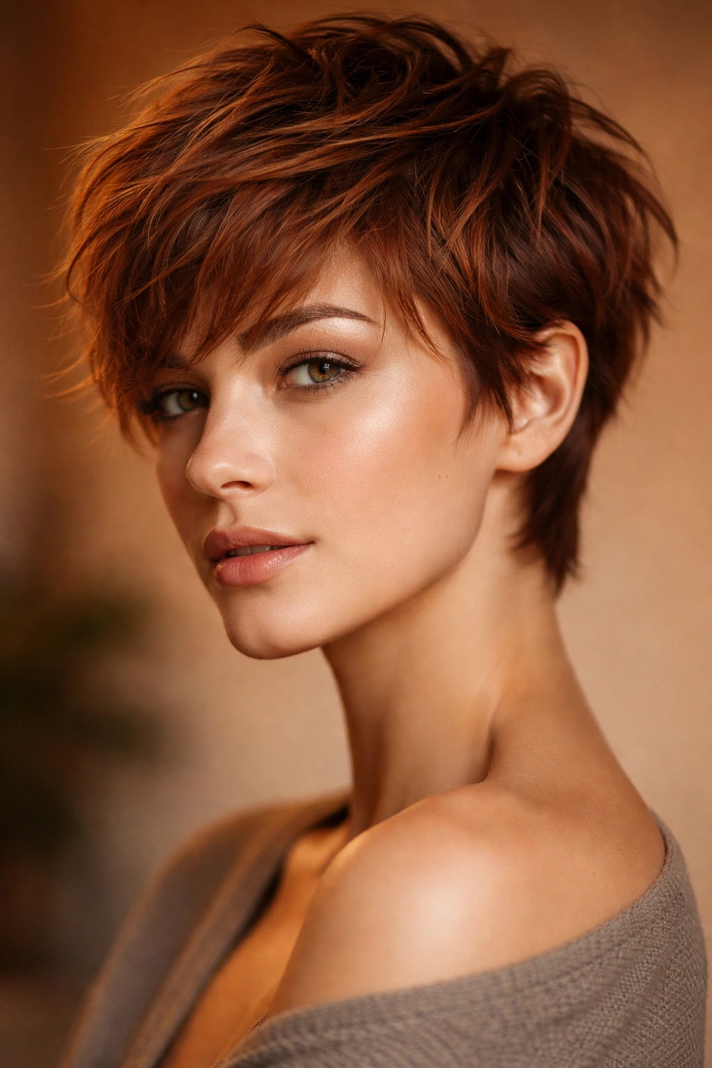 Textured crop in warm auburn with layered movement.