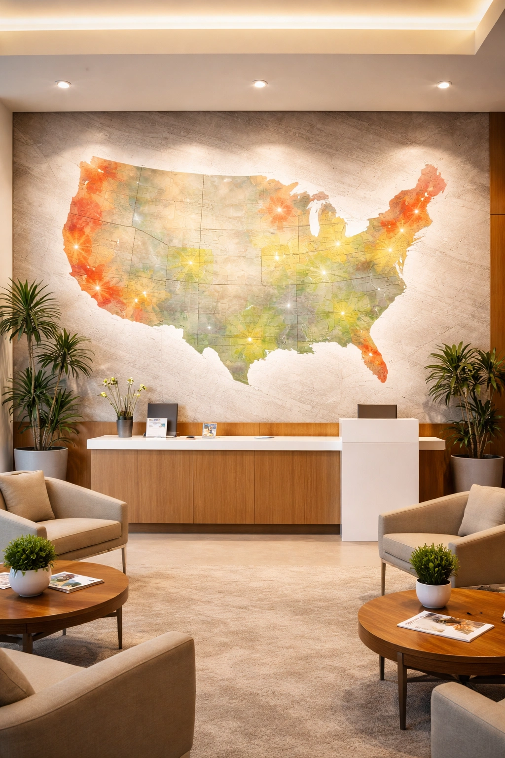 Clinic reception with abstract map wall art suggesting geographic cost variation.