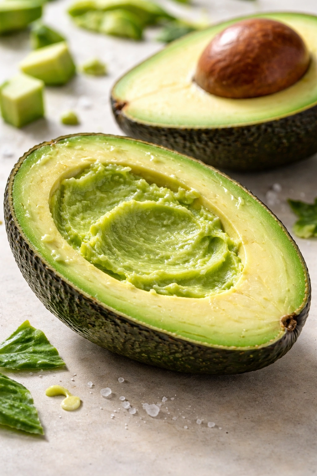 Halved ripe avocado on a neutral surface