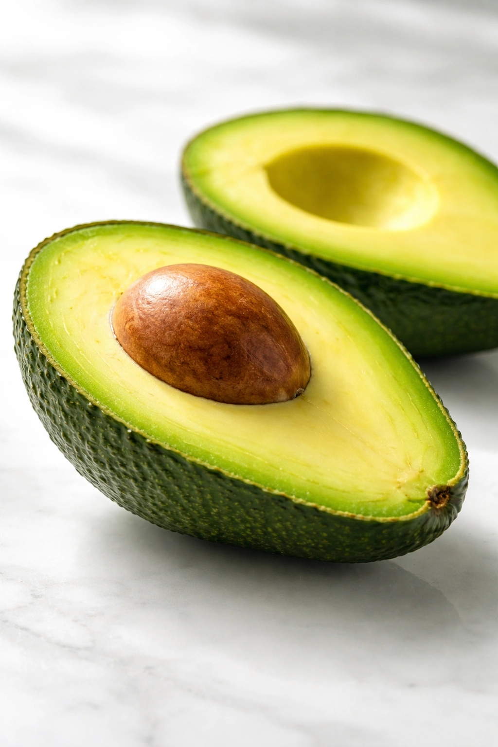 Halved ripe avocado showing creamy flesh ready for use in hair care