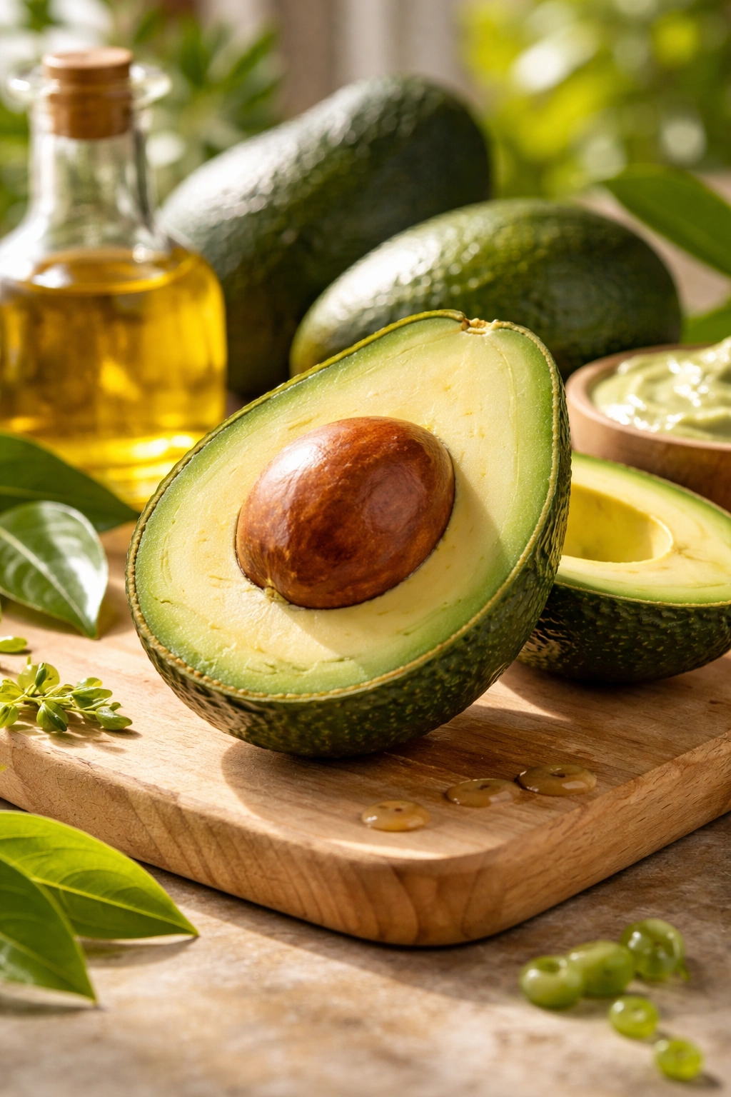 Close-up of a ripe avocado halves showing creamy green flesh on a wooden board