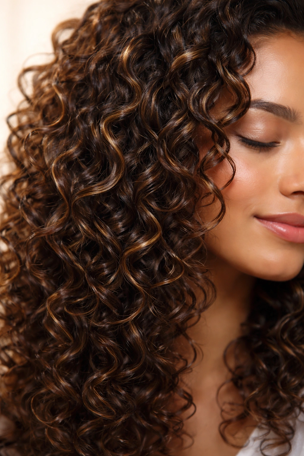 Curly hair close-up showing moisture and defined curls under studio lighting.