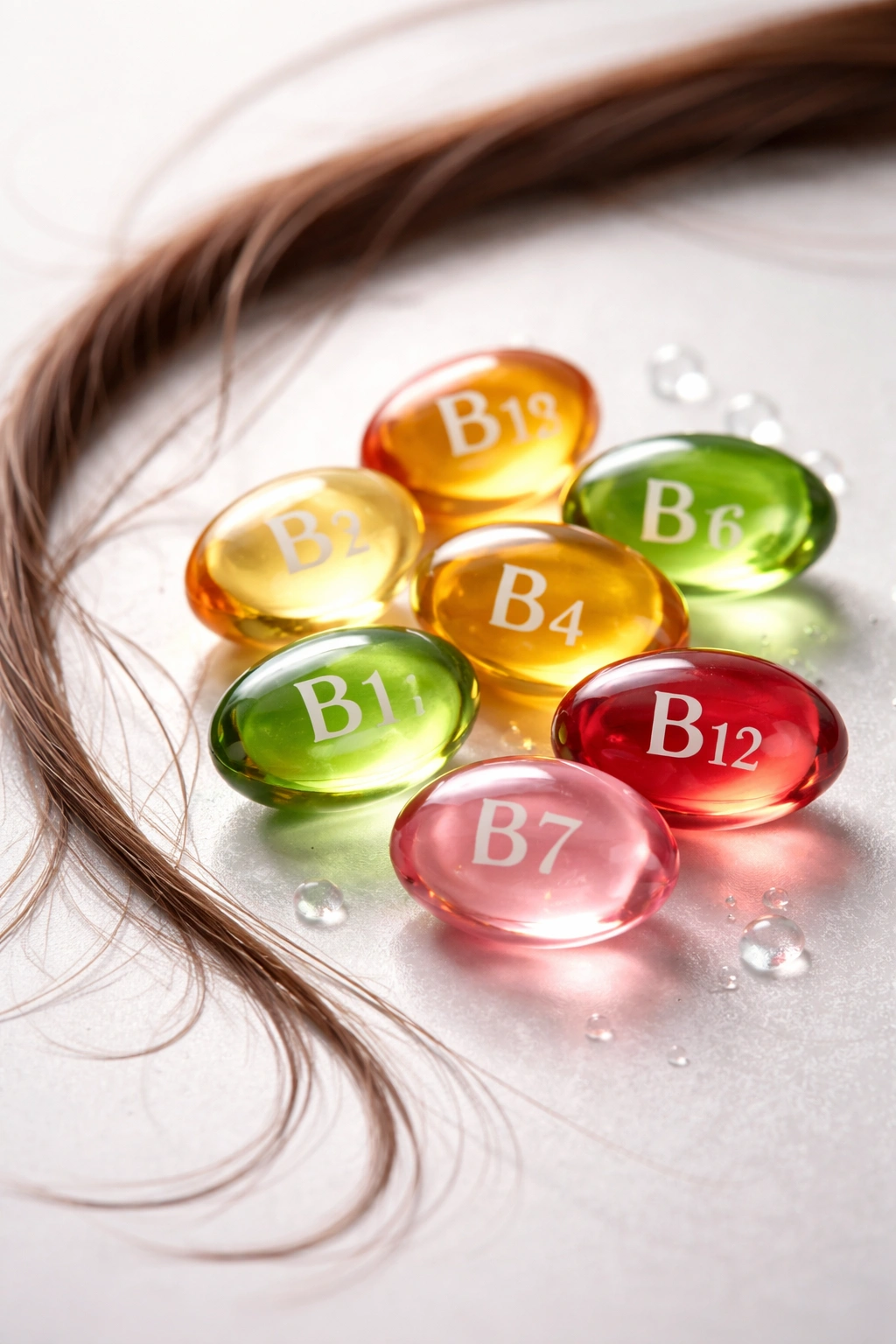 Cluster of colorful vitamin capsules with a hair strand nearby