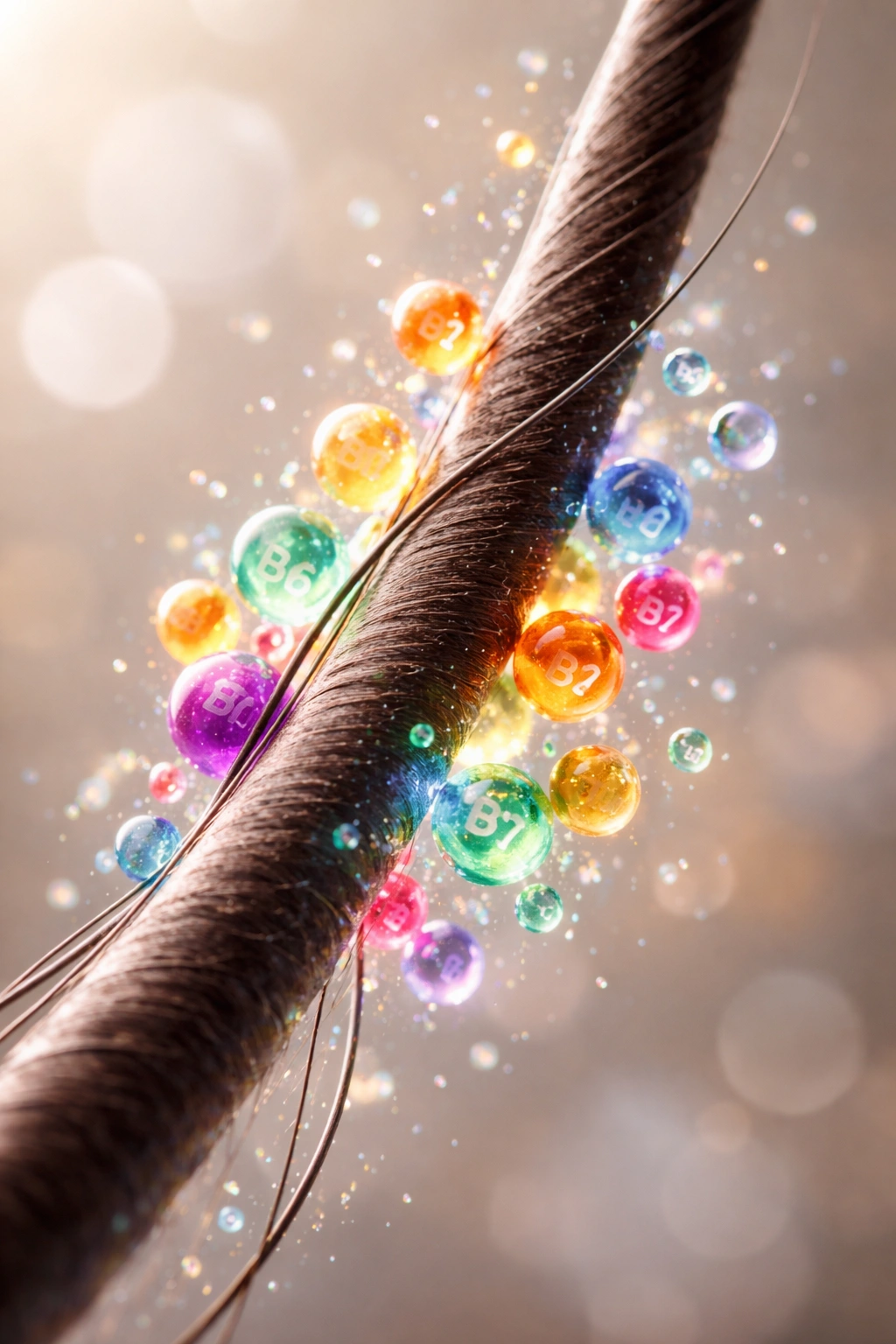 Hair strand with abstract vitamin molecules around it.