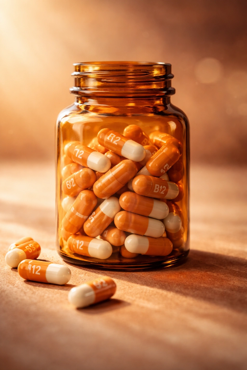 B12 supplementation expectations with capsule bottle and warm lighting