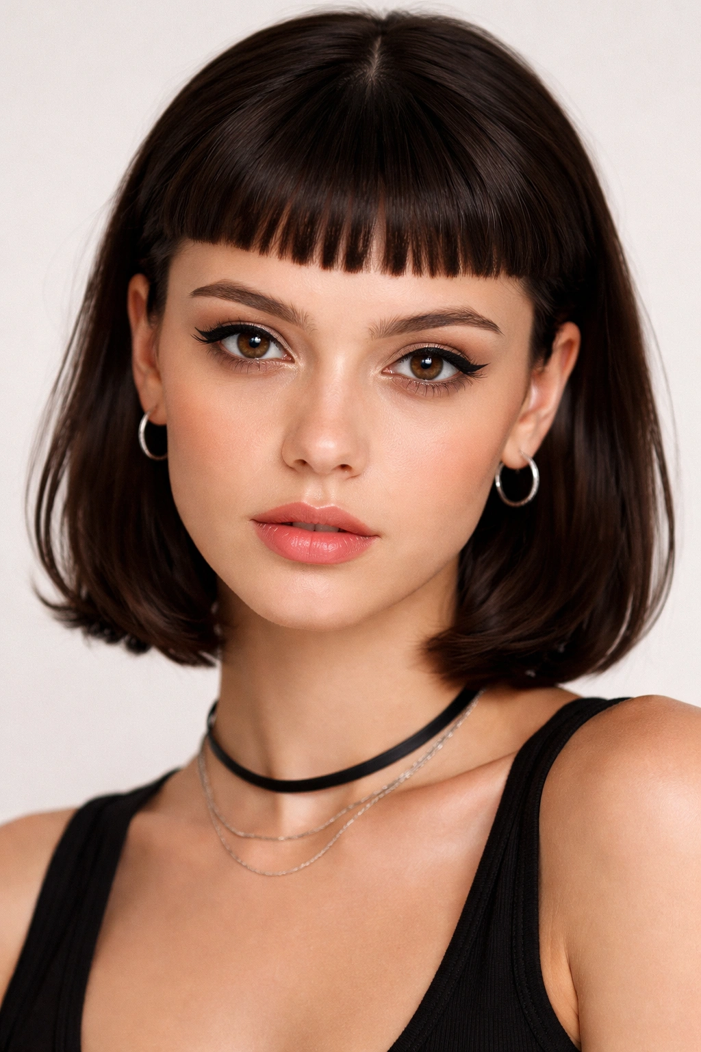 Close-up portrait with blunt baby bangs above the eyebrows