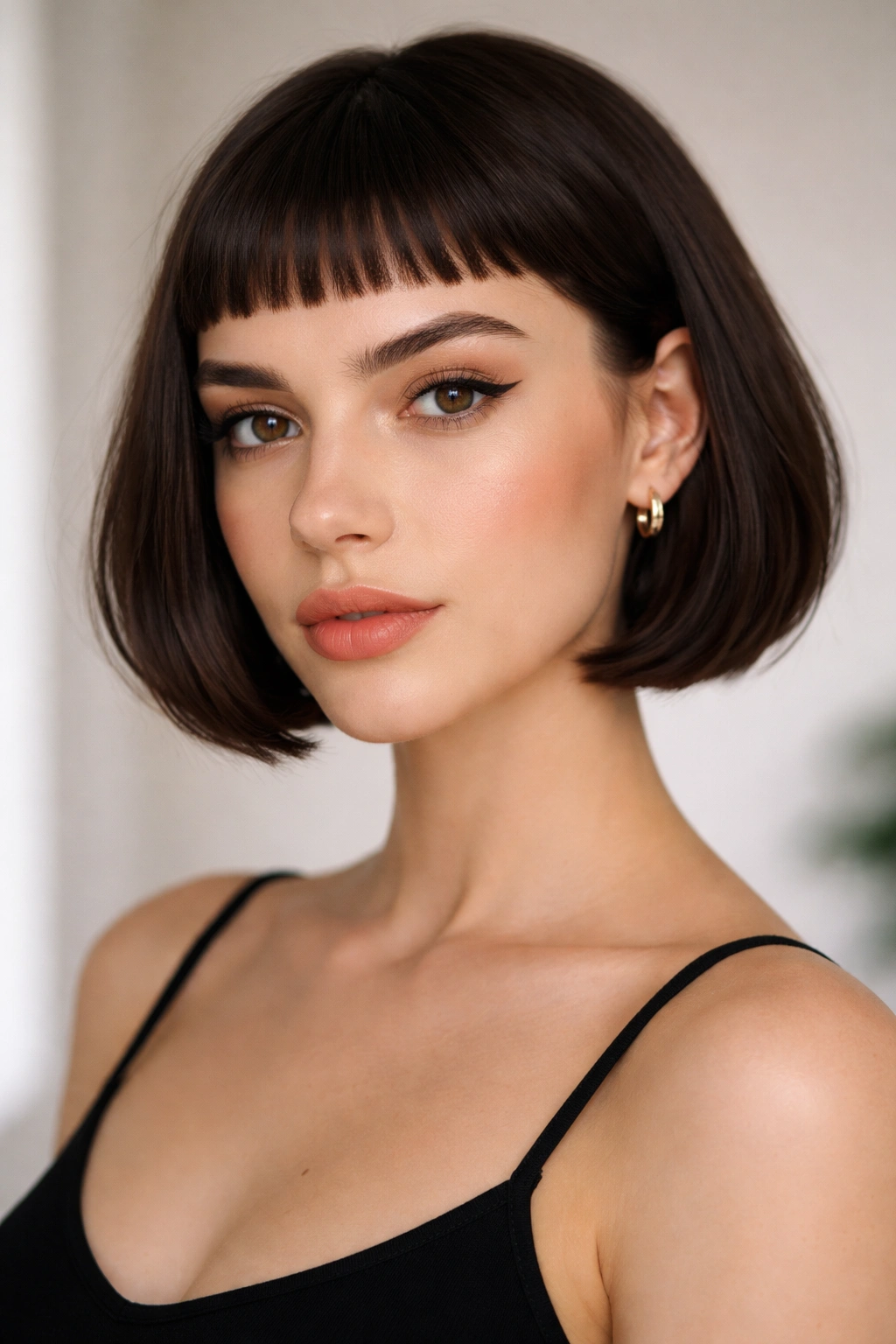 22 Bob Haircuts Flattering On Every Face Shape 16 Bob hairstyle with high baby bangs on a model