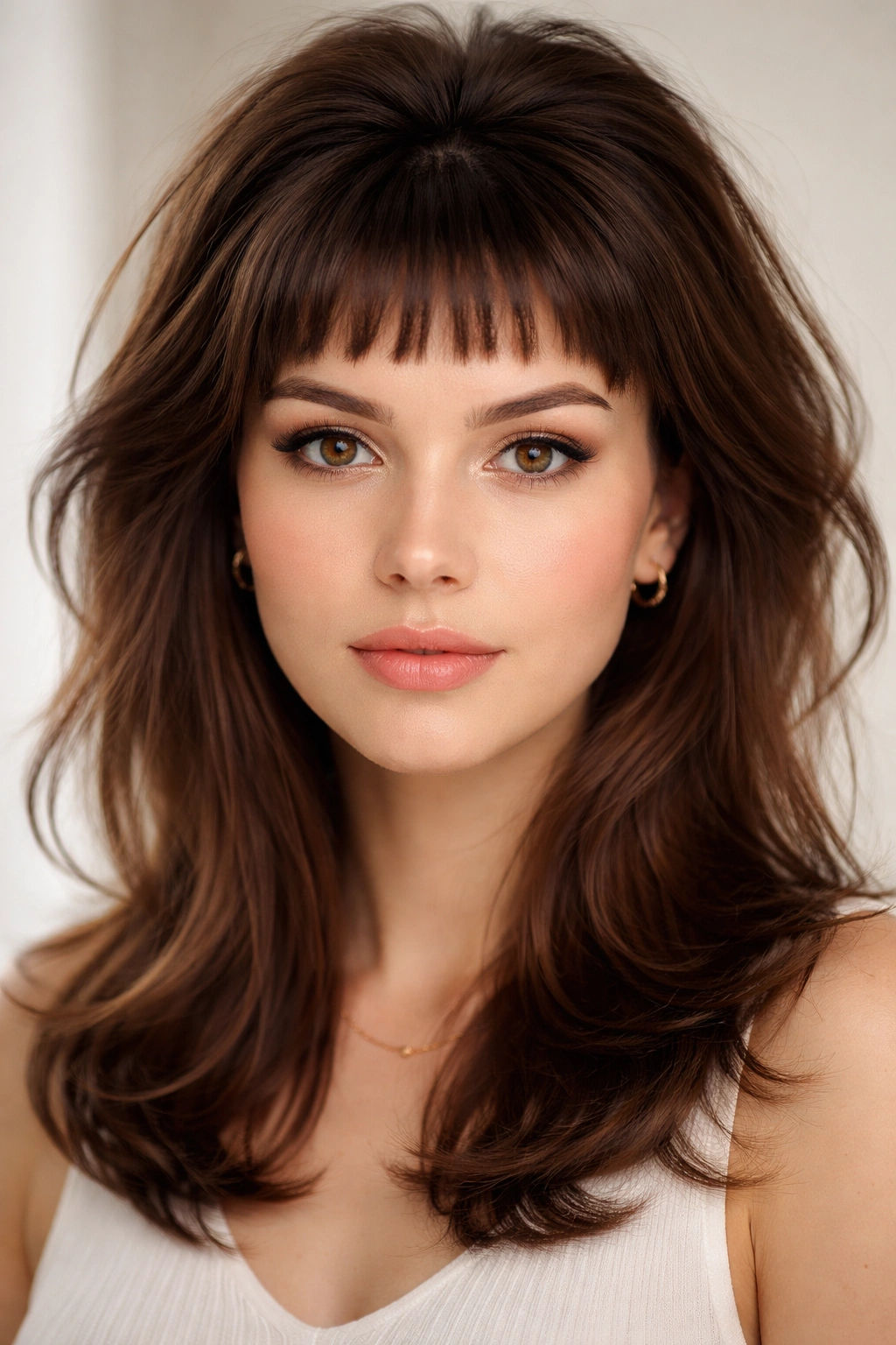 20 Medium Hairstyles With Bangs For Any Face 8 Close-up of ultra-short baby bangs and voluminous crown layers framing the face.