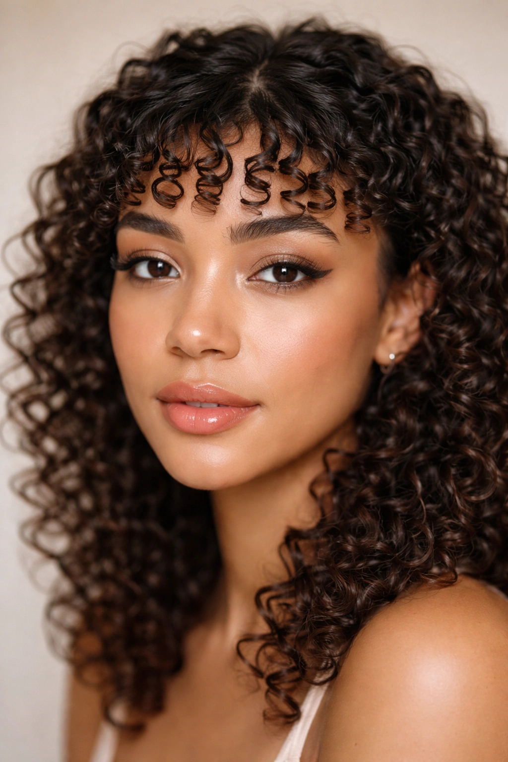 Close-up of defined baby bangs with tight curls framing the forehead