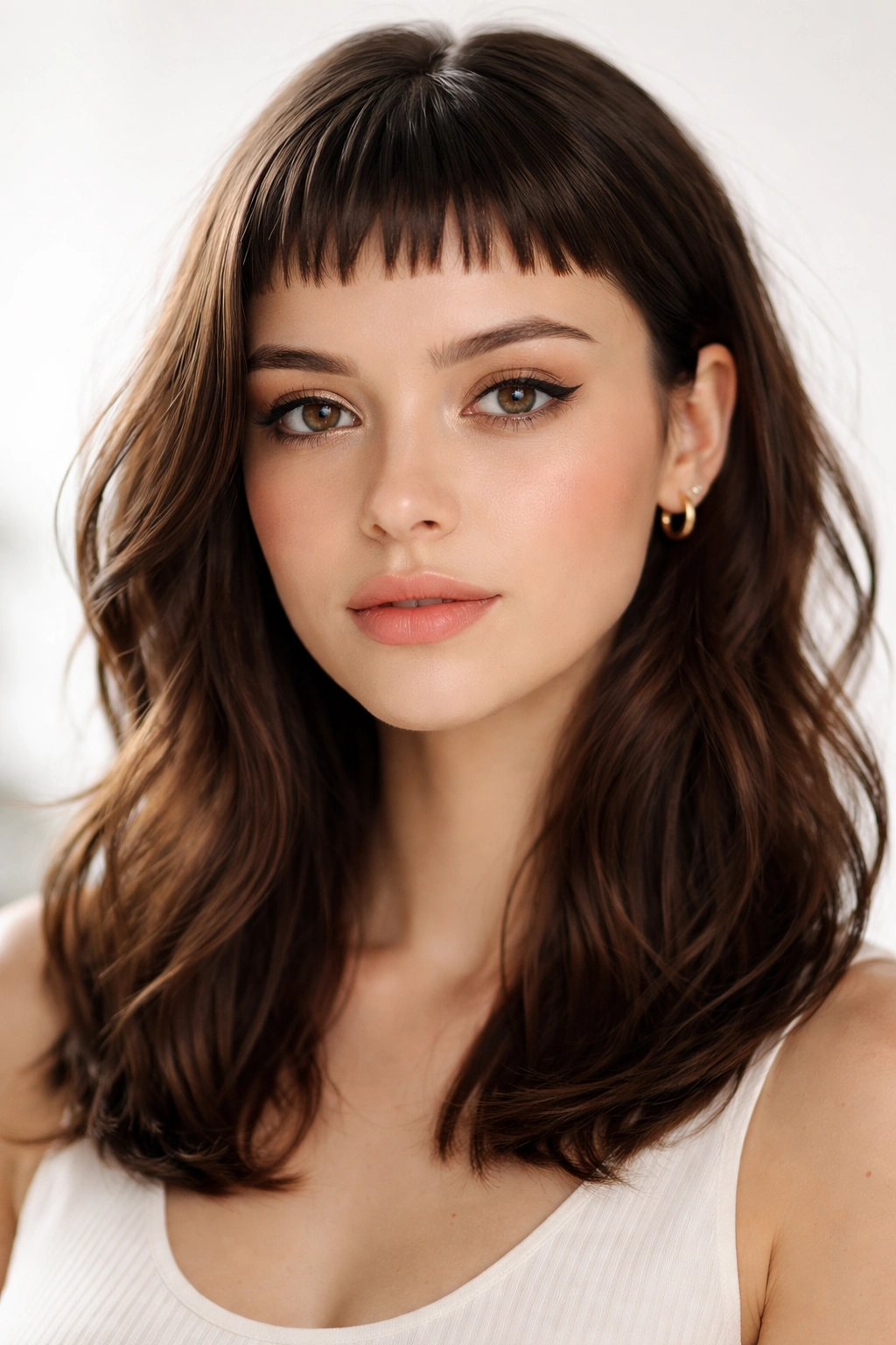 18 Bangs To Try With Medium Length Hair 6 Close-up of baby bangs high on forehead with longer hair below