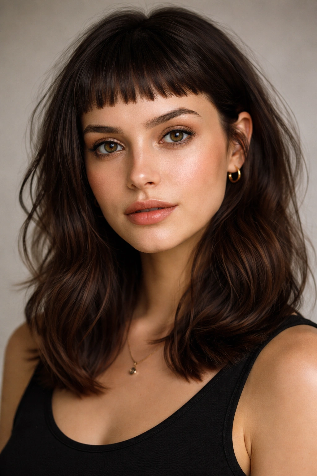 15 Bang Styles That Pair Well With Medium Hair 6 Portrait with micro bangs above the eyebrows and longer hair