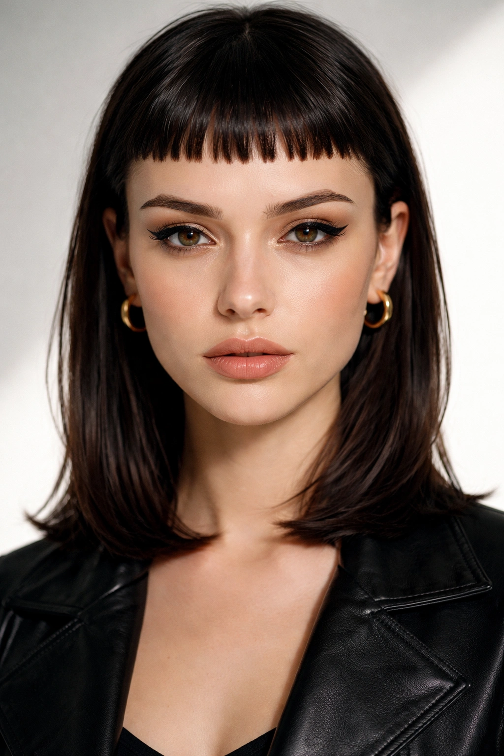 Front view of person with ultra-short baby bangs, bold modern look