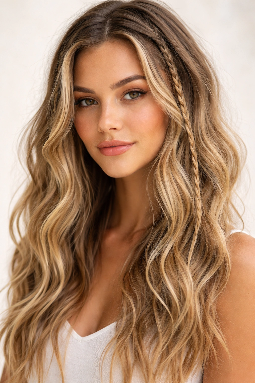 Beachy waves with tiny front braids accenting texture