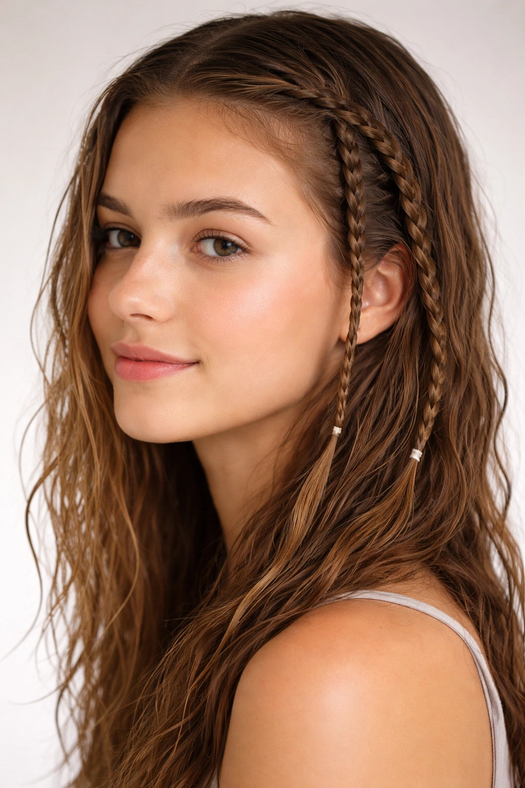 Close-up of two tiny braids at the temples with loose damp hair