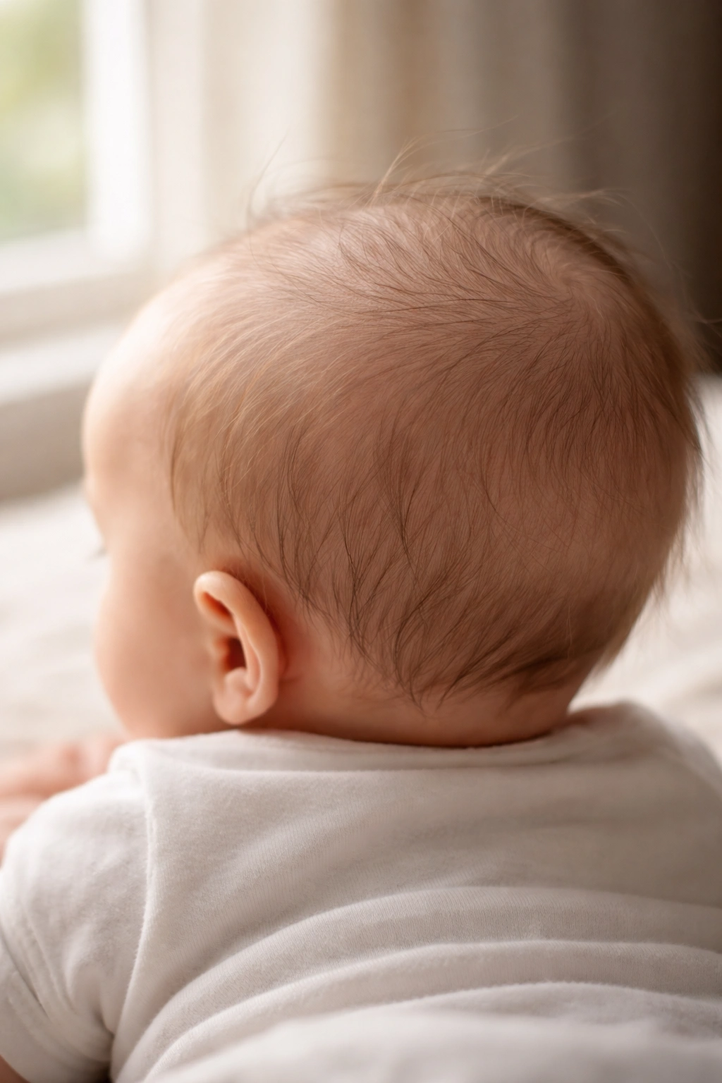 Baby head with wispy sparse hair showing early growth