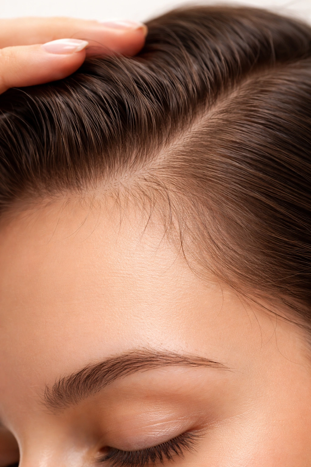 Close-up of scalp with new baby hairs along the hairline indicating growth