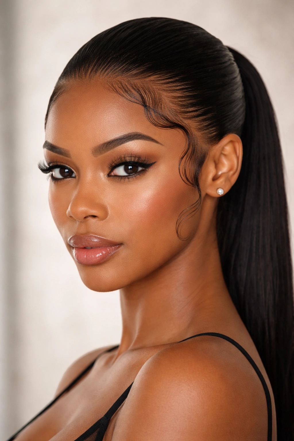 Close-up portrait of a Black woman with a pushback and defined baby hairs