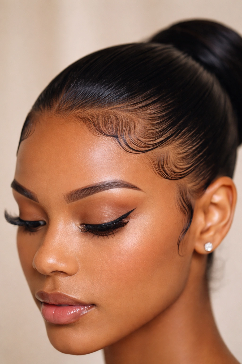 Front hairline with meticulously slicked-back baby hairs