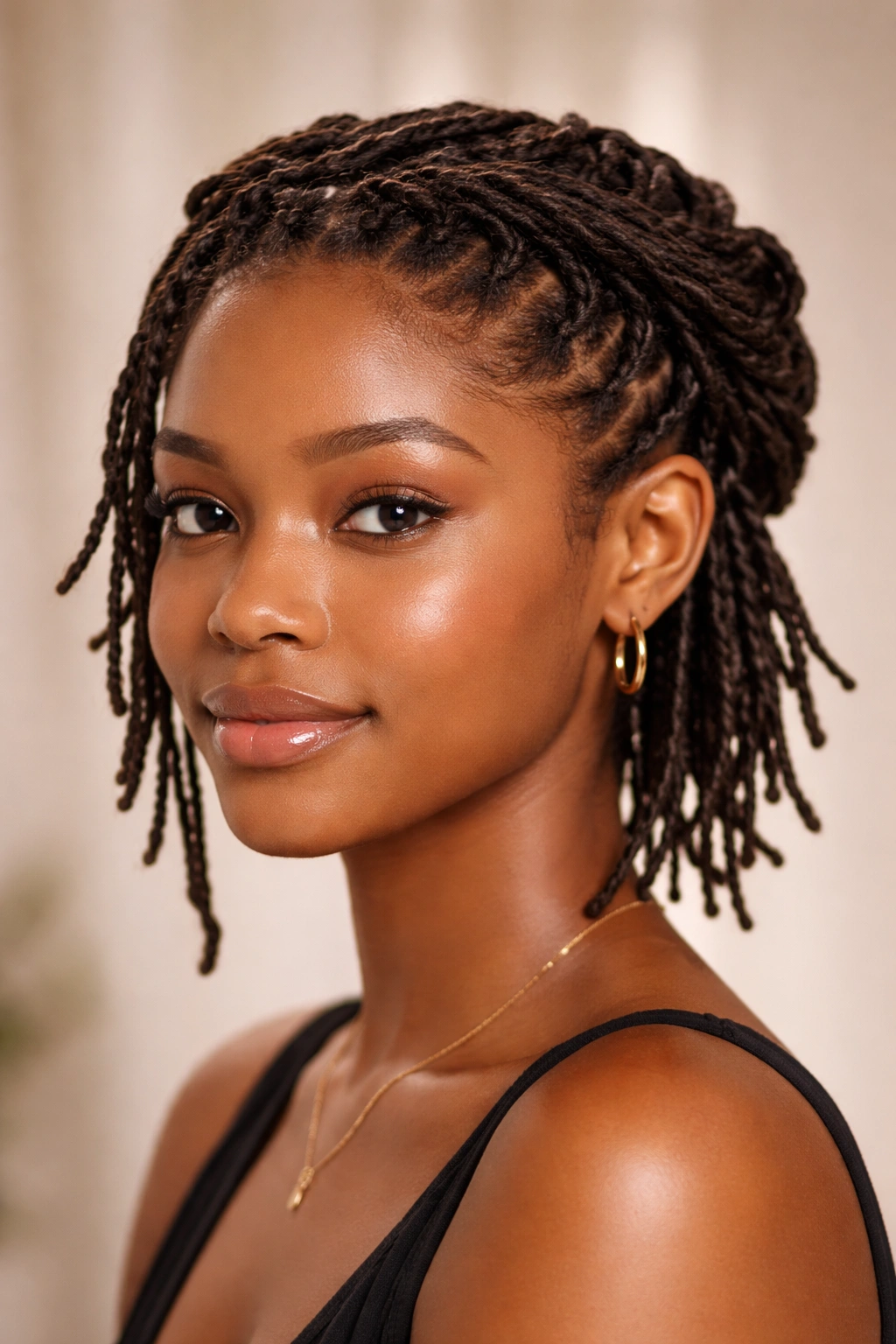 Twisted crown updo on short baby locs with locs framing the shoulders