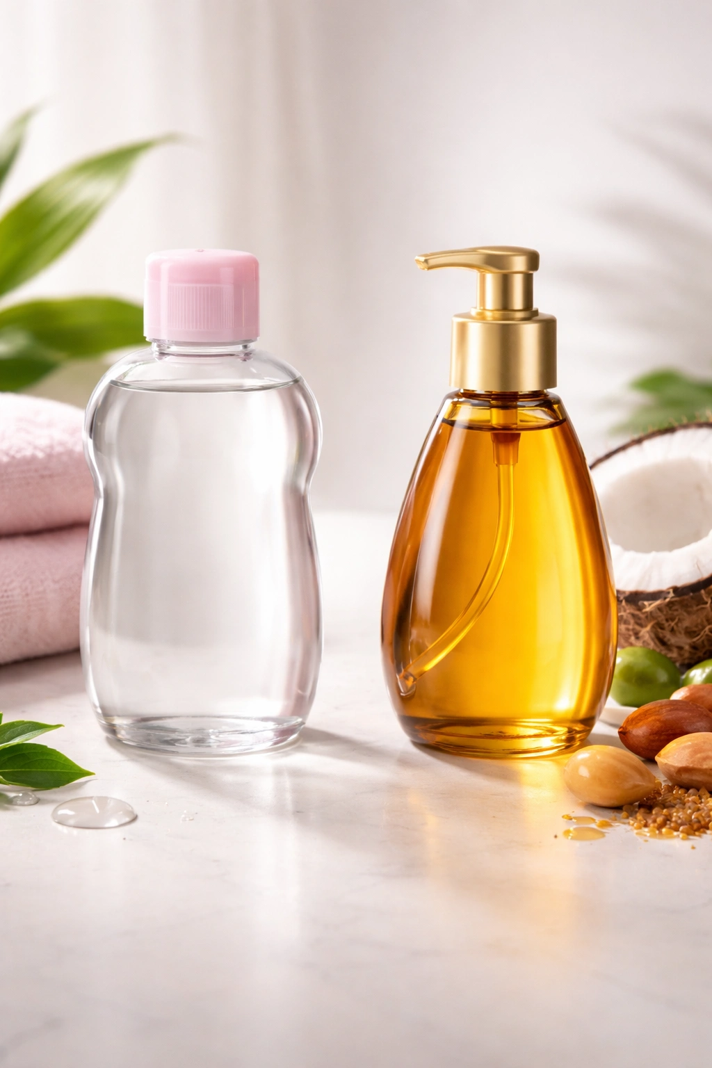 Close-up of two oil bottles on a white surface contrasting mineral oil with natural plant oil