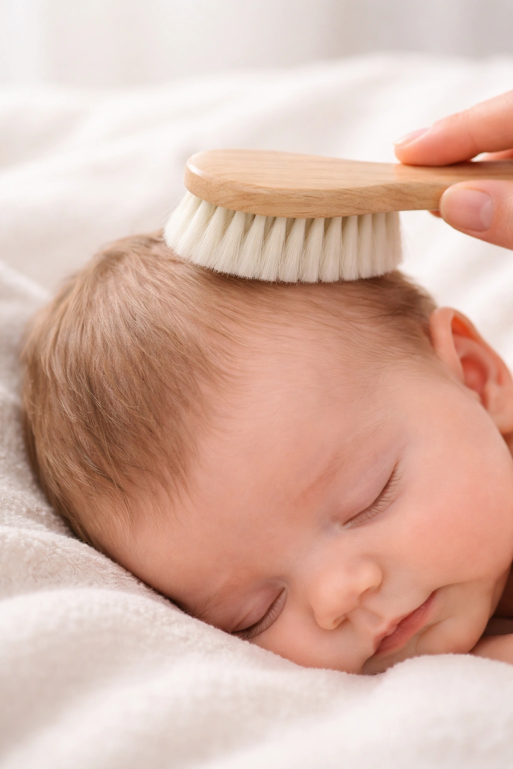 Newborn scalp being brushed softly for care