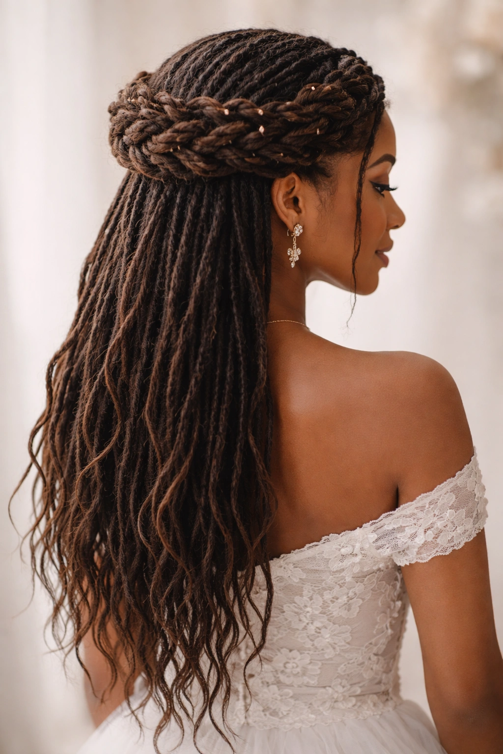 Back-length locs styled into a romantic crown braid encircling the head