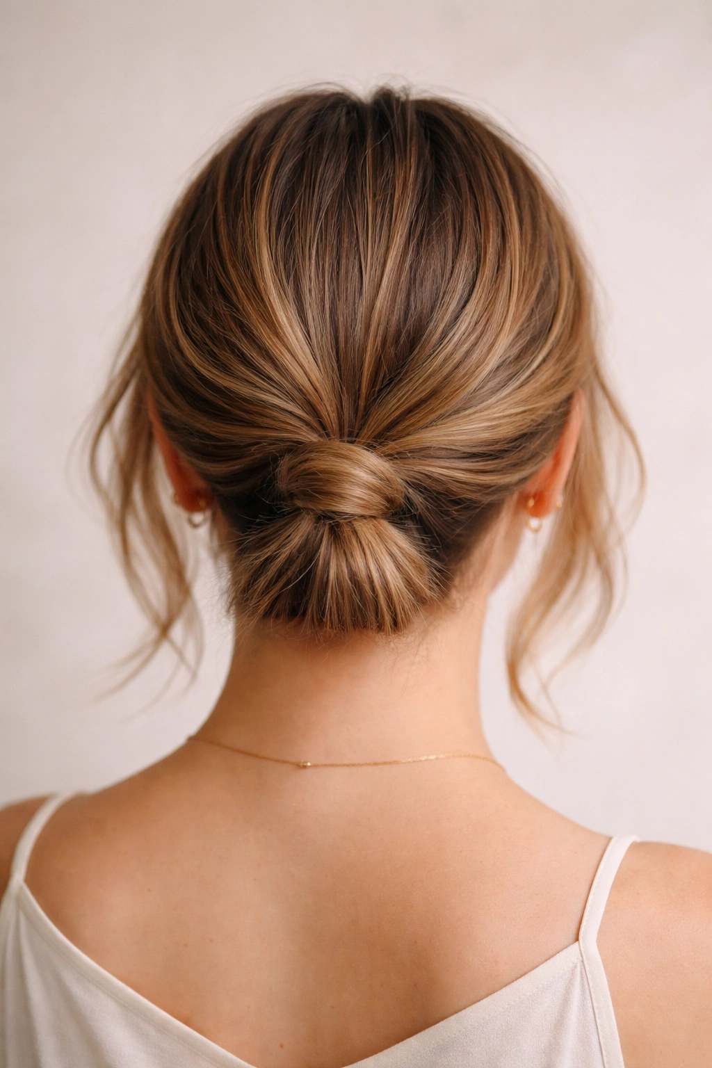 Back view of hair gathered at the nape into a small elastic