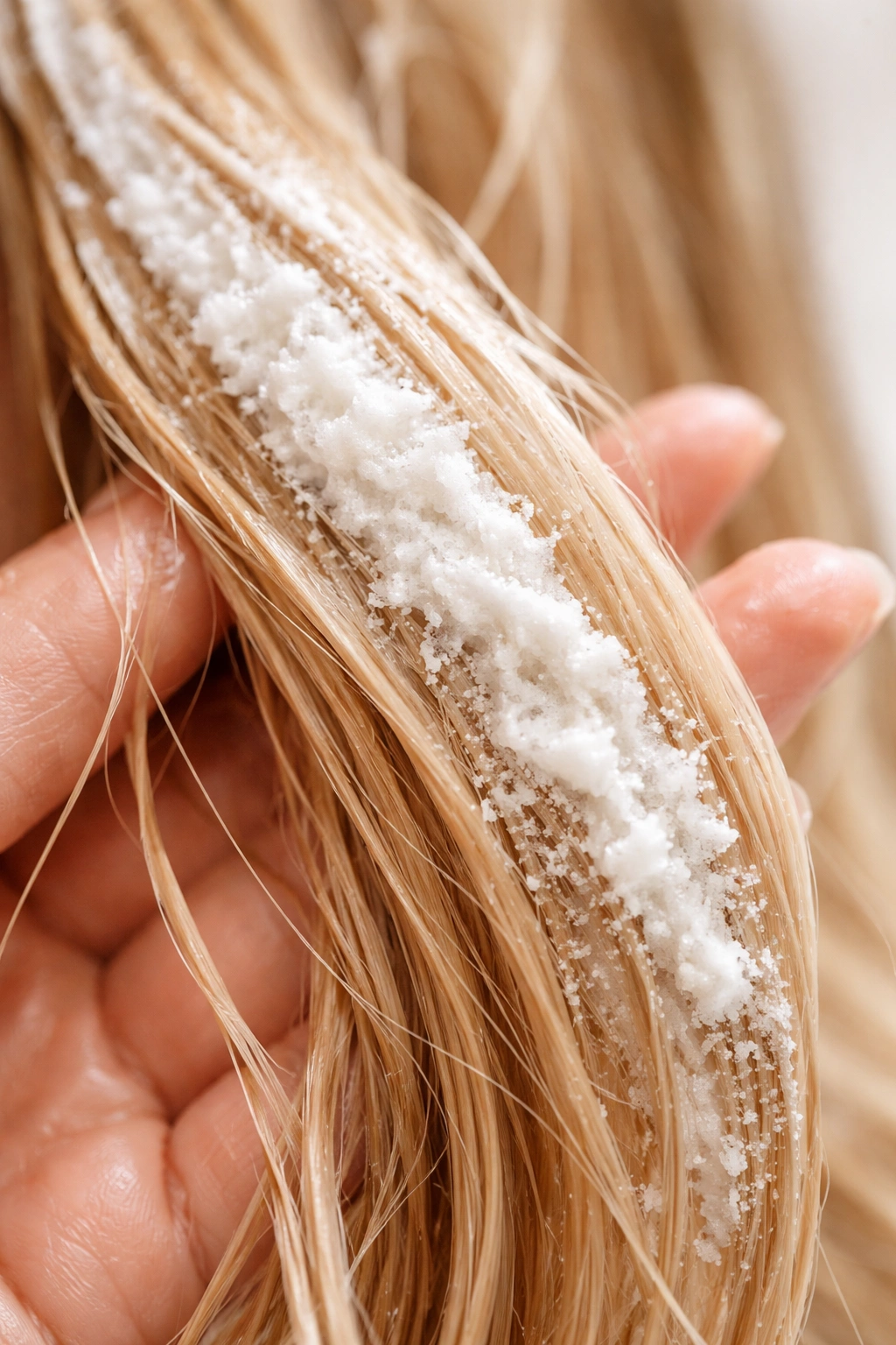 Hair strand with paste-like layer indicating baking soda treatment