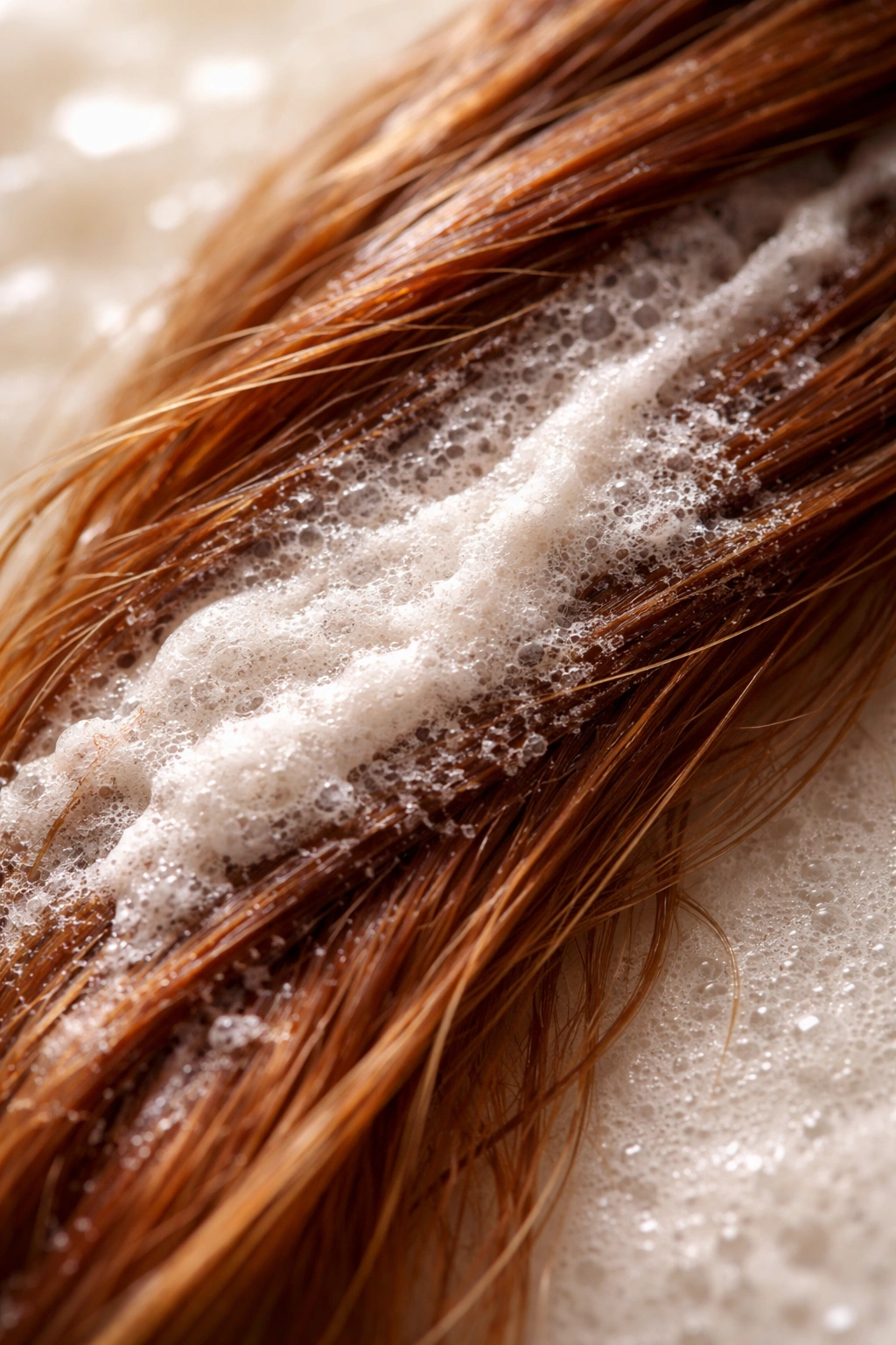 Hair strand with baking soda paste applied, illustrating a gentle color-fading method.