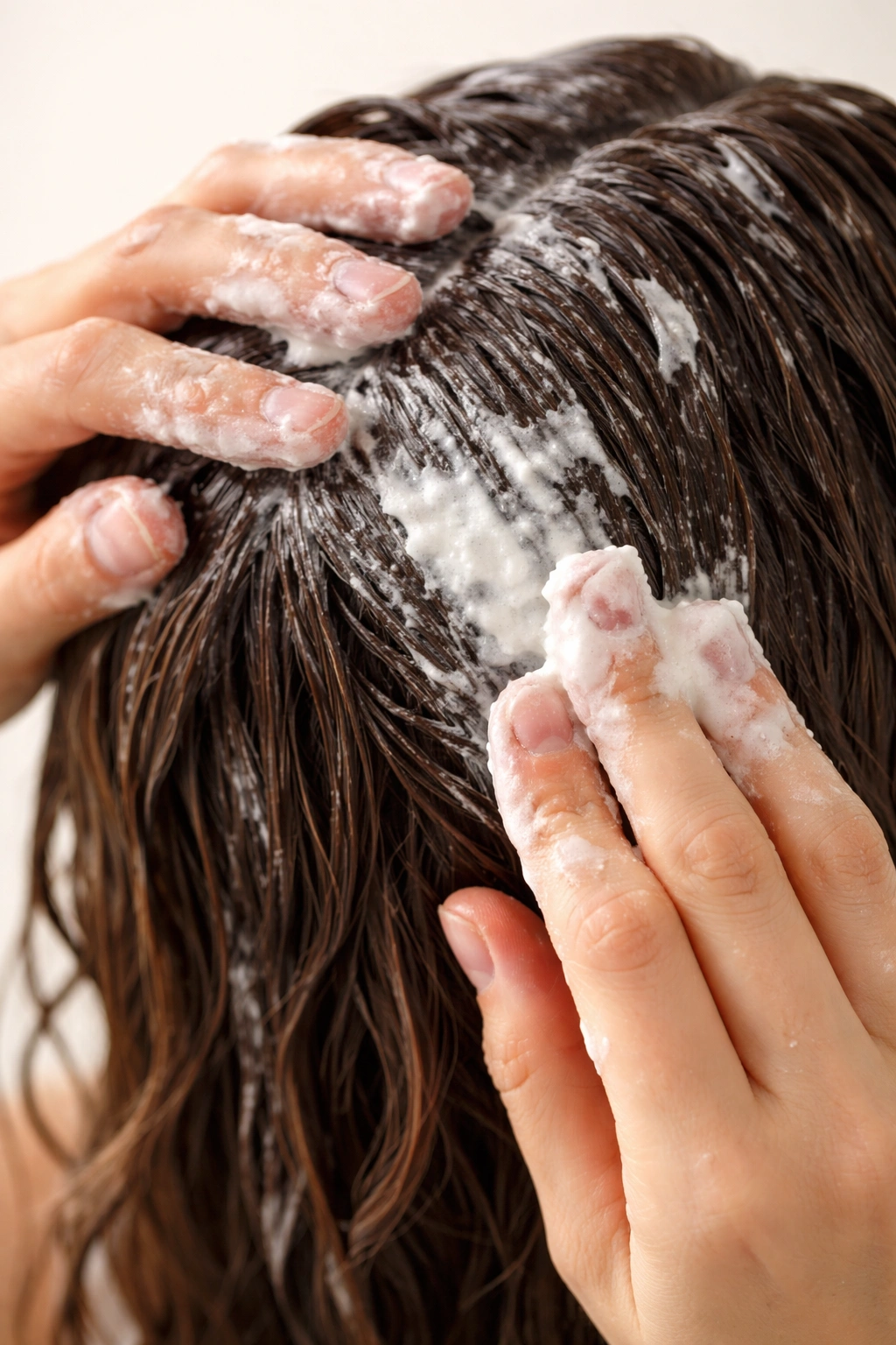 Hands applying baking soda paste to damp hair