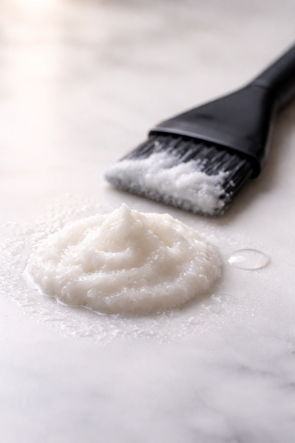Close-up of baking soda paste with a tint brush on a white surface