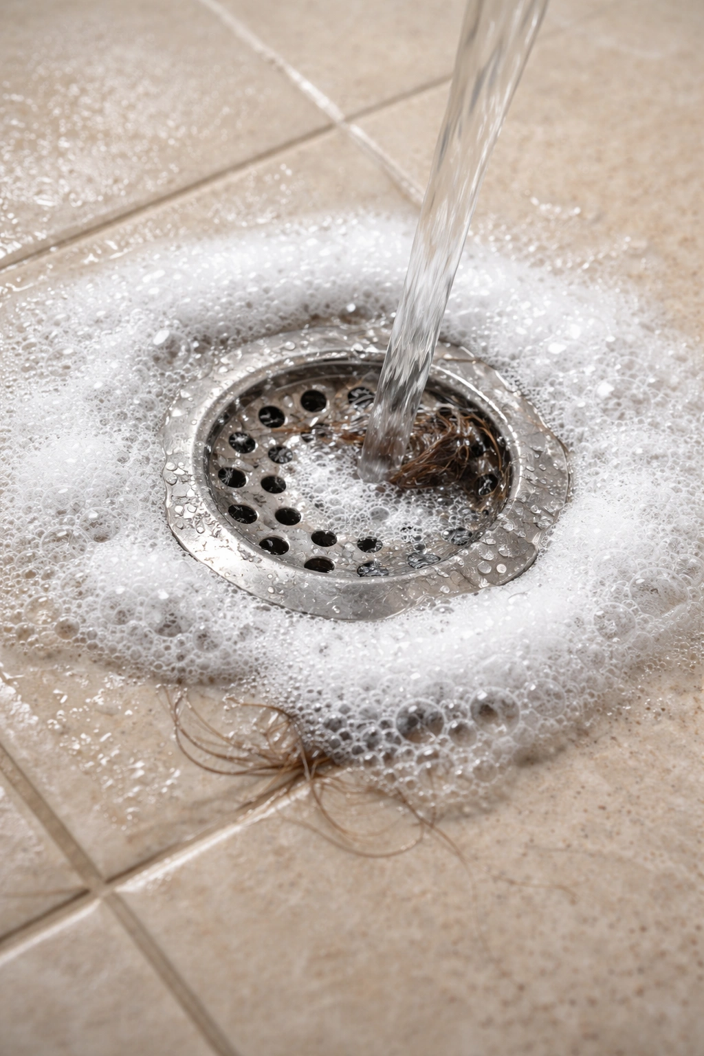Drain with fizzing bubbles from baking soda and vinegar reaction