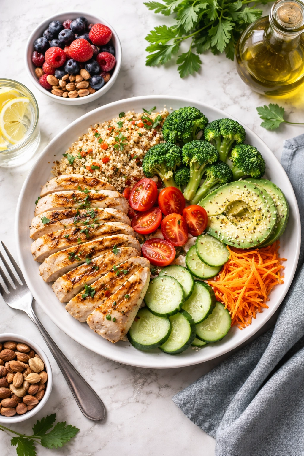 Top-down view of a balanced diet plate with protein, vegetables, and fats