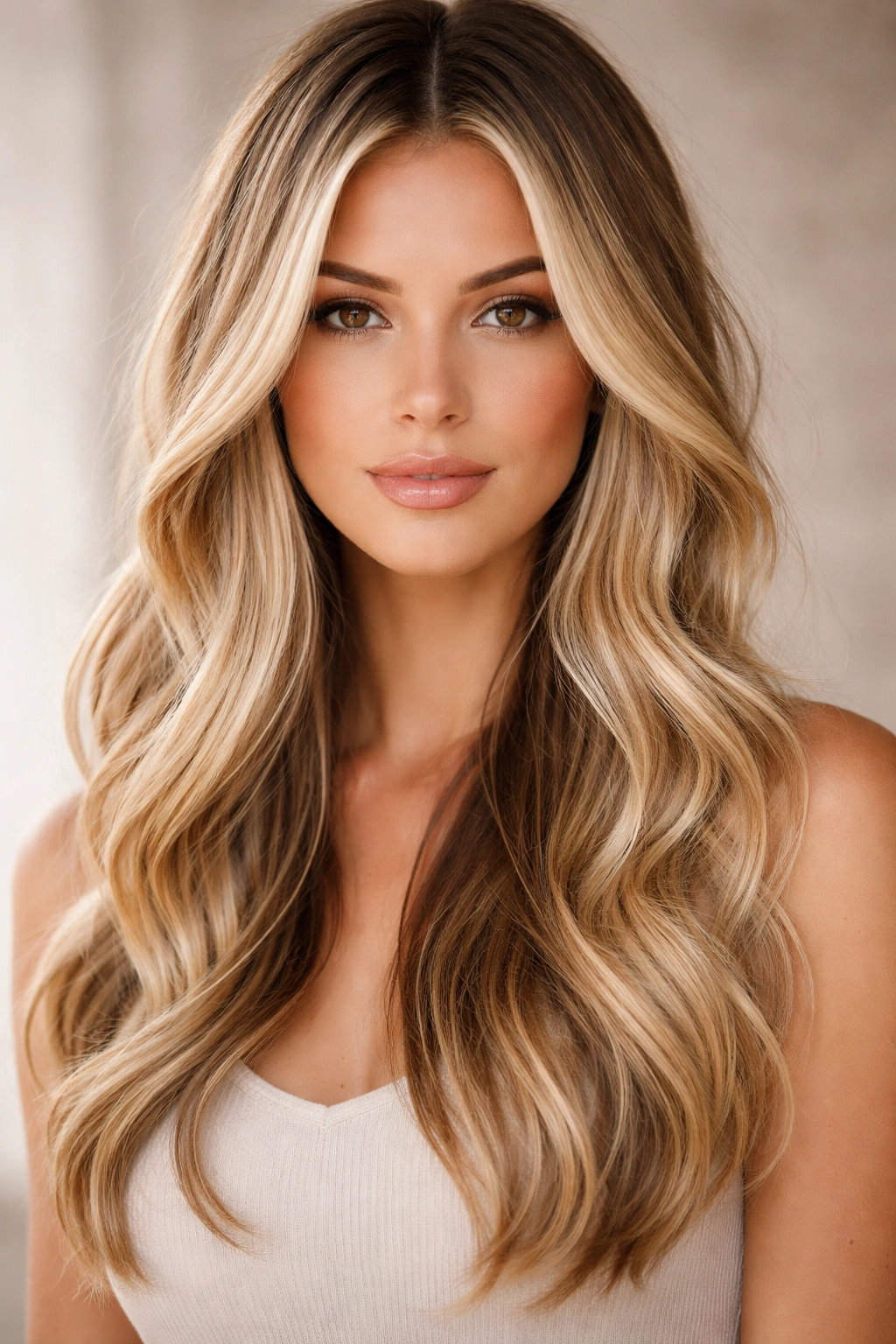 Balayage blonde with face-framing lighter pieces and soft waves