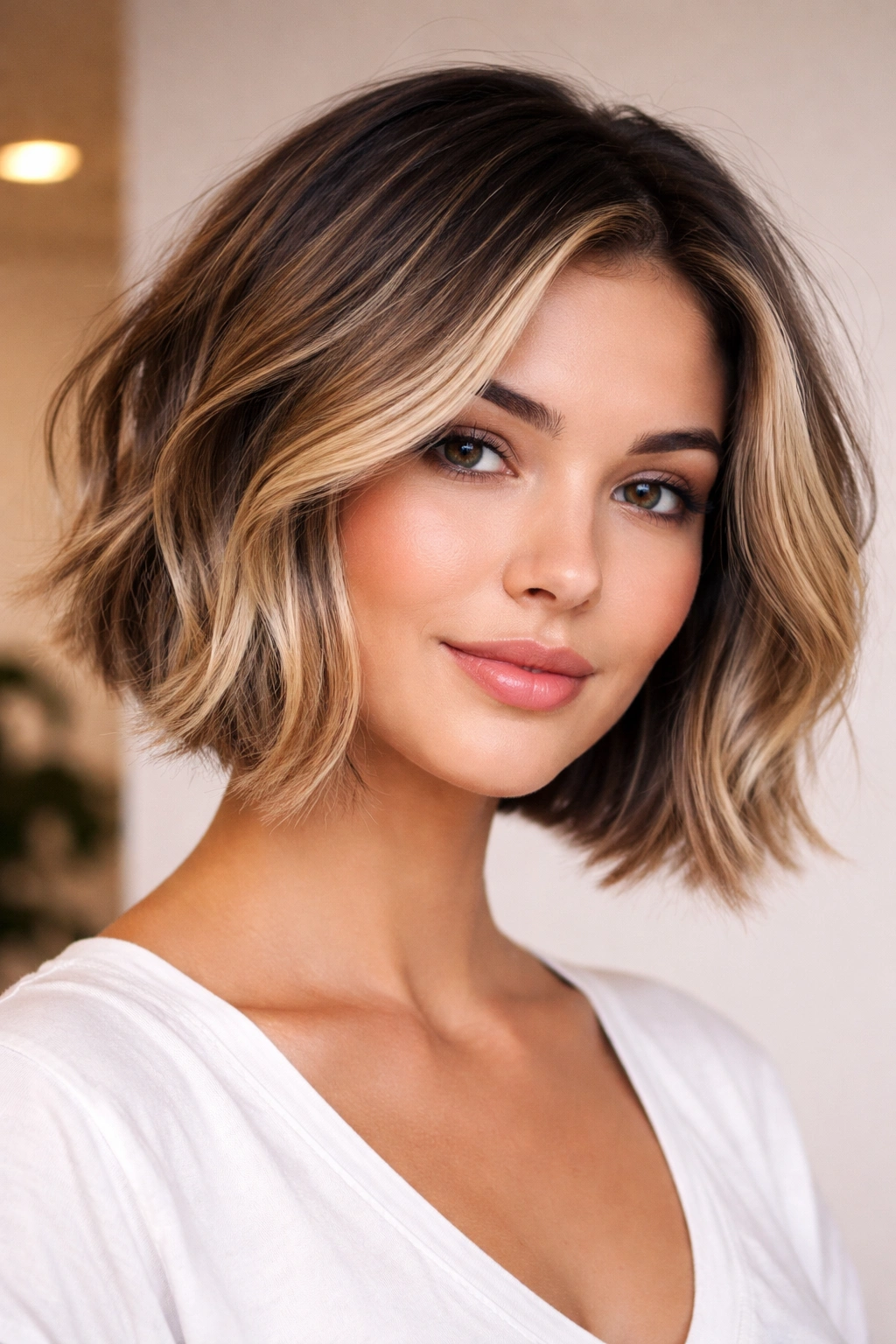 Textured balayage bob with face-framing lighter pieces and darker roots.