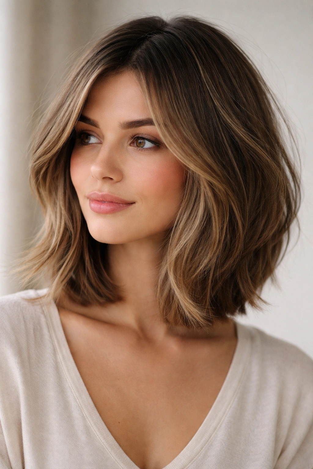 Shoulder-length layered bob with subtle face-framing highlights and soft balayage.