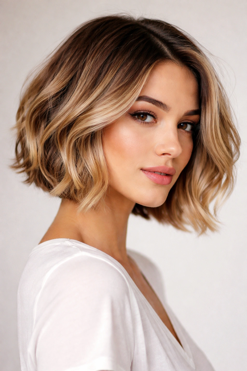 Portrait of a person with a bob showcasing balayage color and dimensional highlights