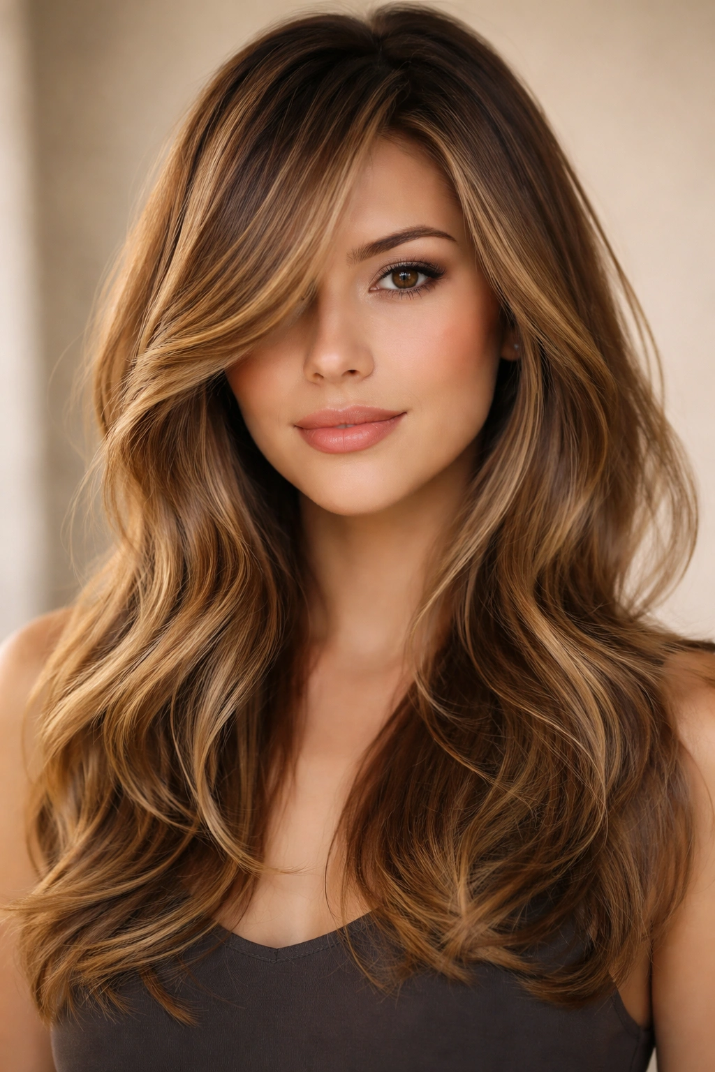 12 Medium Hair Ideas Styled With Long Side Bangs 11 Dimensional balayage on medium hair with swooping long bangs