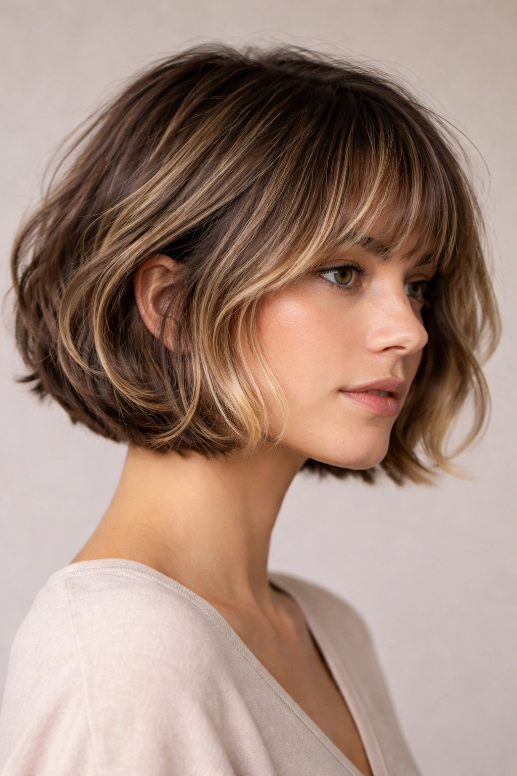 French bob with balayage underneath color showing depth and dimension