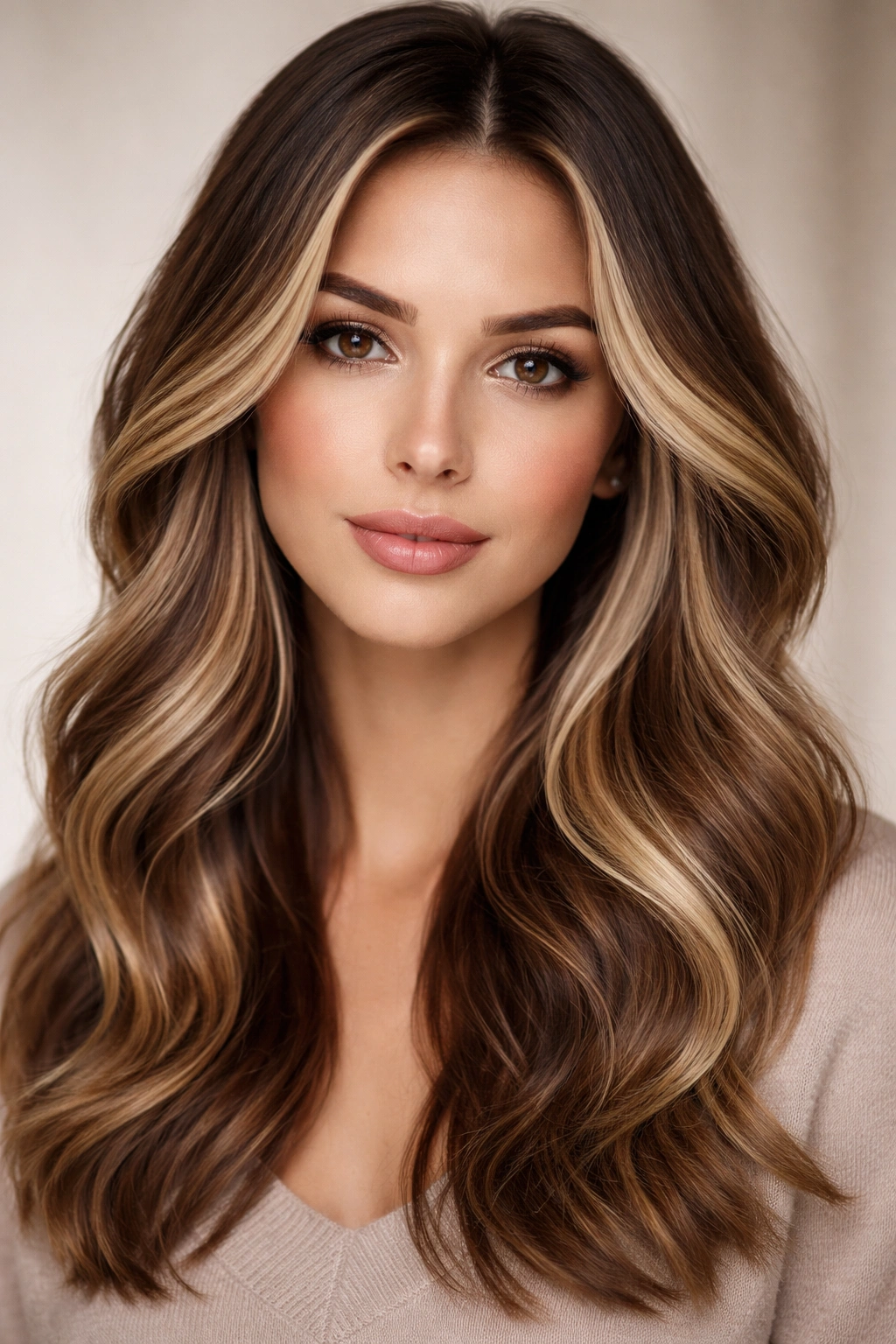 Close-up portrait showing cheekbone-enhancing highlights and balayage