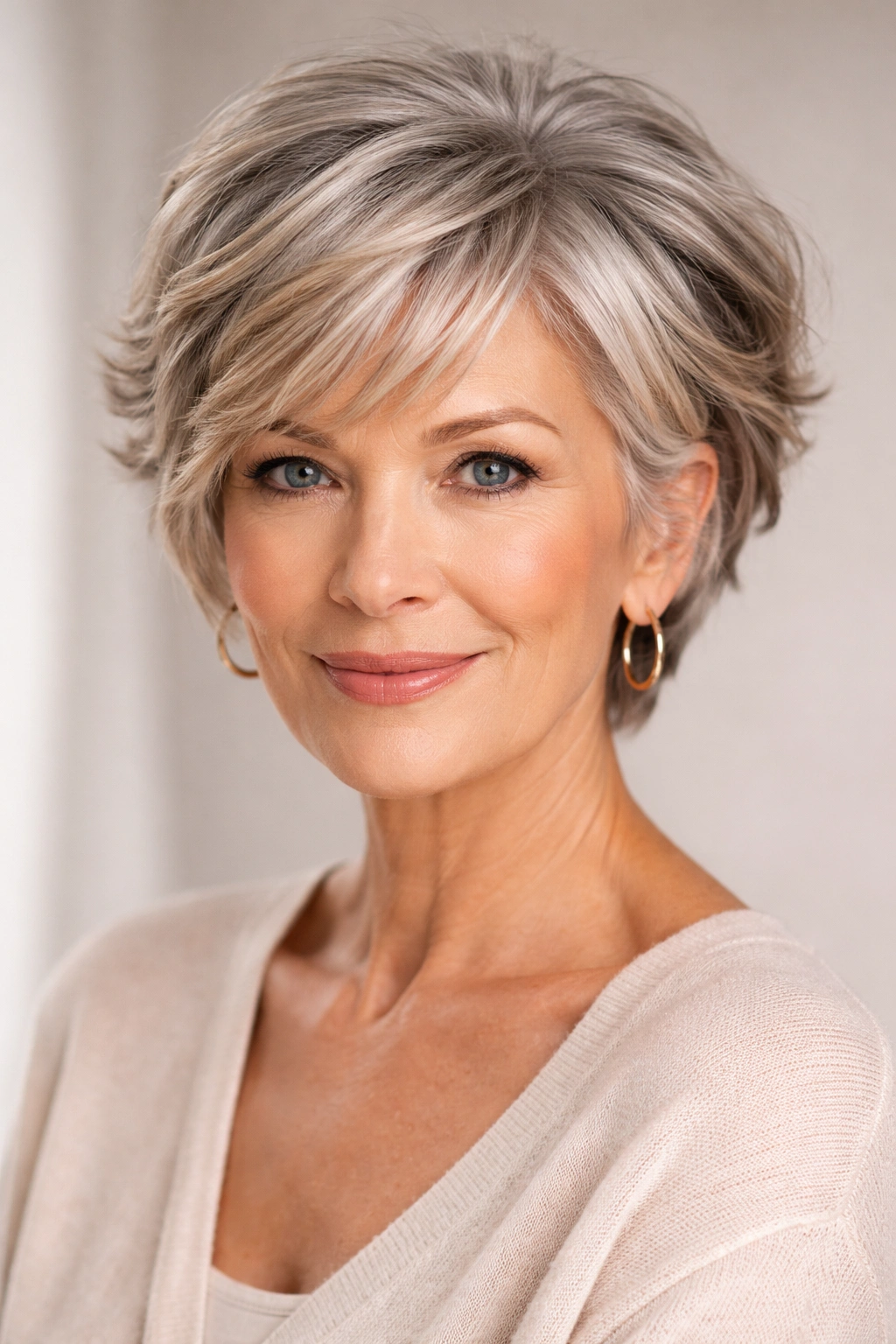 Close-up of a short hairstyle with balayage highlights on silver base